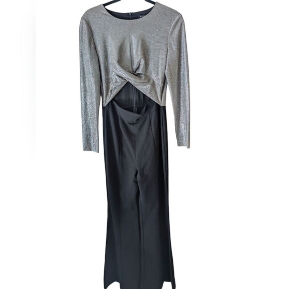 Black Halo Angie Jumpsuit Metallic Silver Black Flared Cutout Size 4 - Picture 1 of 16
